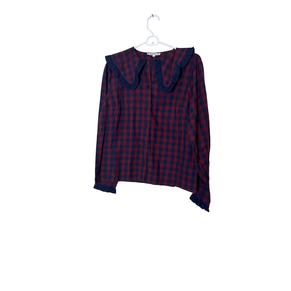 Ophelia & Indigo Blouse‎ Womens Small Blue Plaid Ruffle Collar Long Sleeve Top